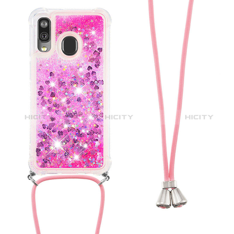 Coque Silicone Housse Etui Gel Bling-Bling avec Laniere Strap S03 pour Samsung Galaxy A40 Rose Rouge Plus