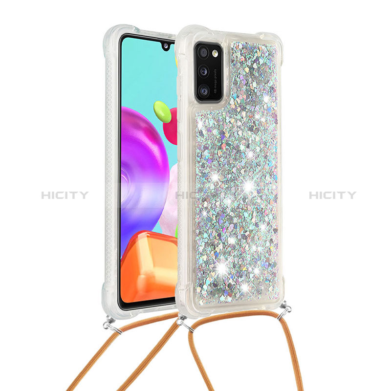 Coque Silicone Housse Etui Gel Bling-Bling avec Laniere Strap S03 pour Samsung Galaxy A41 Argent Plus