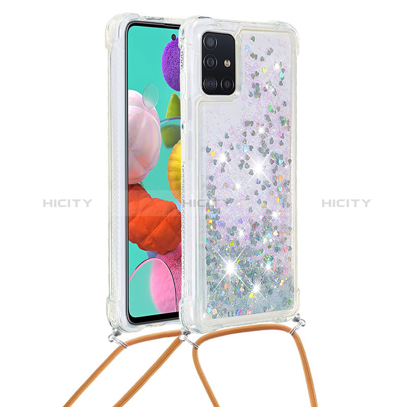 Coque Silicone Housse Etui Gel Bling-Bling avec Laniere Strap S03 pour Samsung Galaxy A51 4G Argent Plus