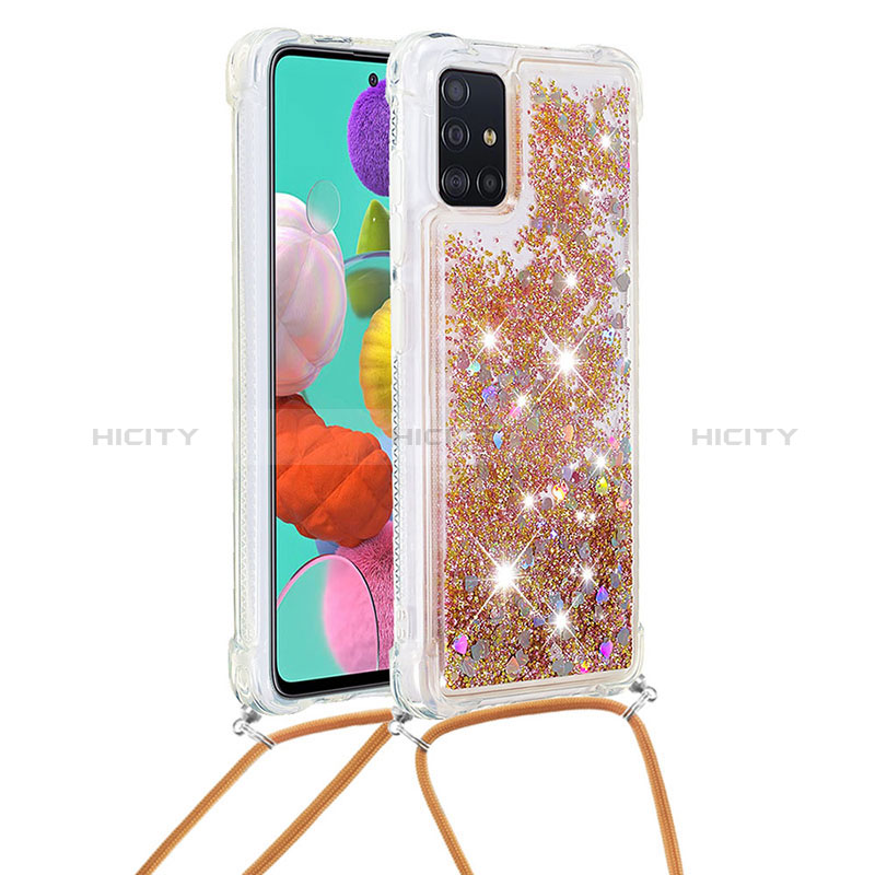 Coque Silicone Housse Etui Gel Bling-Bling avec Laniere Strap S03 pour Samsung Galaxy A51 4G Or Plus