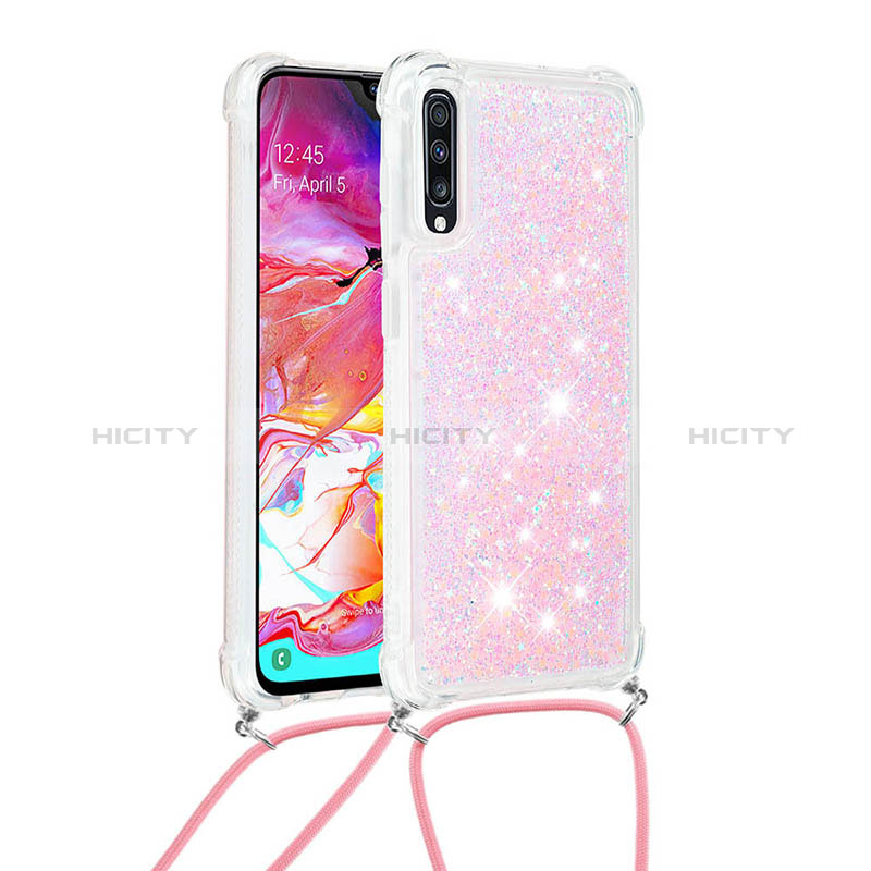 Coque Silicone Housse Etui Gel Bling-Bling avec Laniere Strap S03 pour Samsung Galaxy A70 Rose Plus