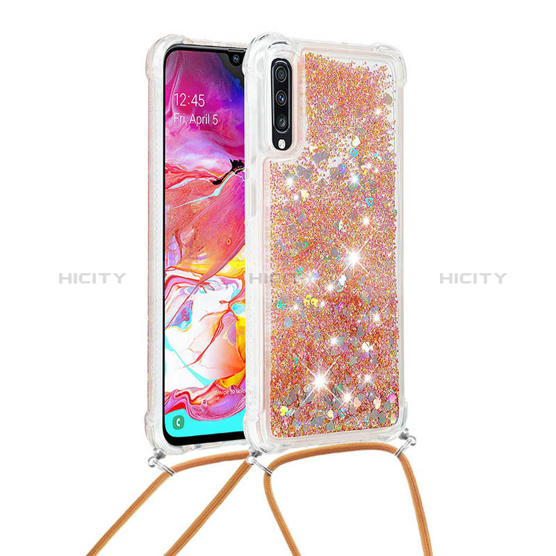 Coque Silicone Housse Etui Gel Bling-Bling avec Laniere Strap S03 pour Samsung Galaxy A70S Or Plus