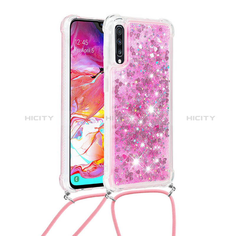 Coque Silicone Housse Etui Gel Bling-Bling avec Laniere Strap S03 pour Samsung Galaxy A70S Rose Rouge Plus