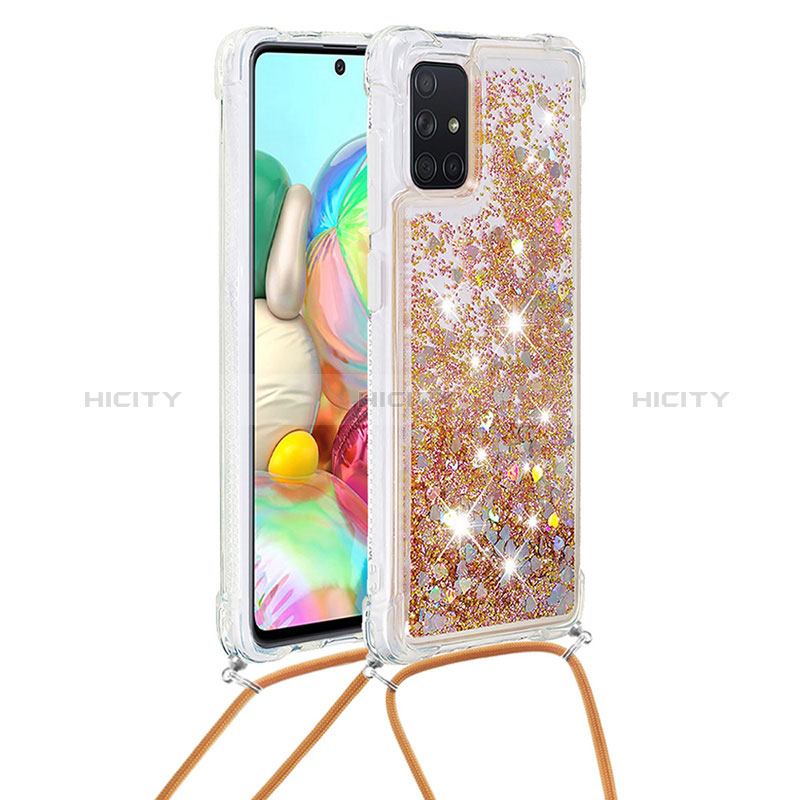 Coque Silicone Housse Etui Gel Bling-Bling avec Laniere Strap S03 pour Samsung Galaxy A71 4G A715 Or Plus