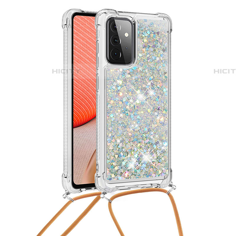 Coque Silicone Housse Etui Gel Bling-Bling avec Laniere Strap S03 pour Samsung Galaxy A72 4G Argent Plus