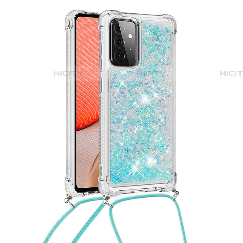 Coque Silicone Housse Etui Gel Bling-Bling avec Laniere Strap S03 pour Samsung Galaxy A72 4G Bleu Ciel Plus