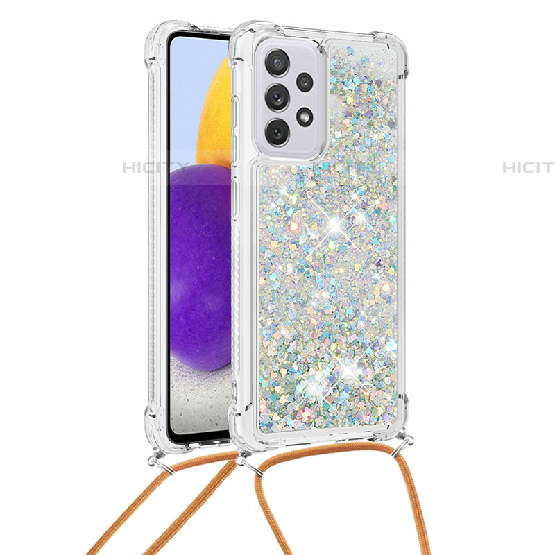 Coque Silicone Housse Etui Gel Bling-Bling avec Laniere Strap S03 pour Samsung Galaxy A73 5G Argent Plus