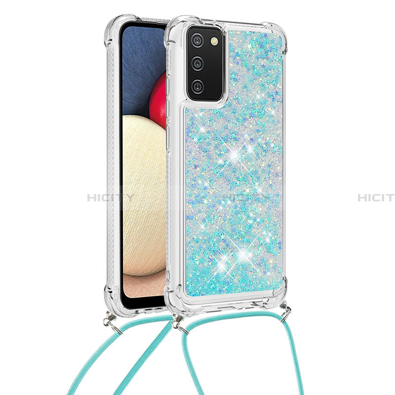 Coque Silicone Housse Etui Gel Bling-Bling avec Laniere Strap S03 pour Samsung Galaxy F02S SM-E025F Bleu Ciel Plus