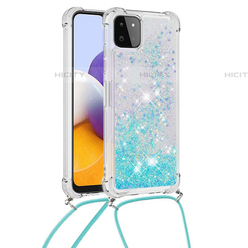 Coque Silicone Housse Etui Gel Bling-Bling avec Laniere Strap S03 pour Samsung Galaxy F42 5G Bleu Ciel Plus