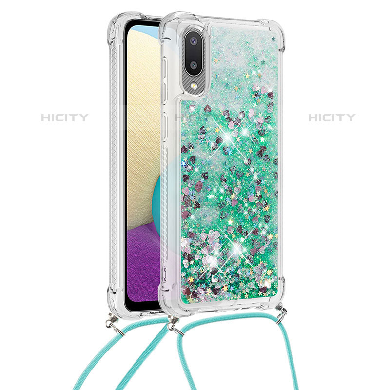 Coque Silicone Housse Etui Gel Bling-Bling avec Laniere Strap S03 pour Samsung Galaxy M02 Vert Plus