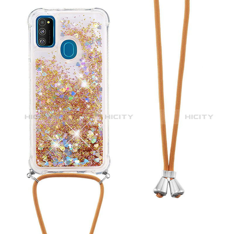 Coque Silicone Housse Etui Gel Bling-Bling avec Laniere Strap S03 pour Samsung Galaxy M21 Or Plus