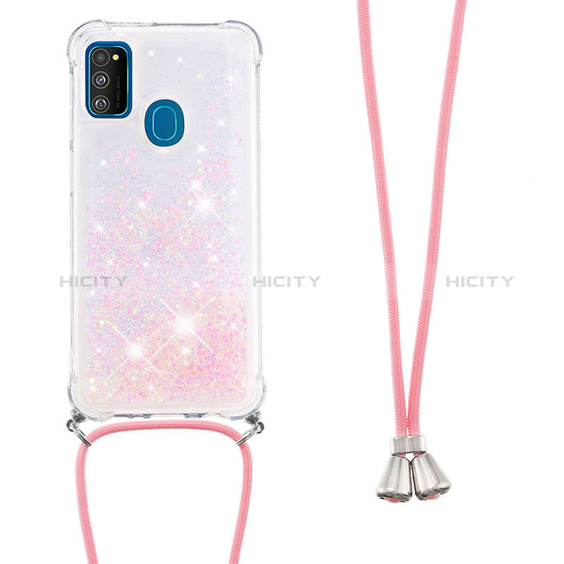 Coque Silicone Housse Etui Gel Bling-Bling avec Laniere Strap S03 pour Samsung Galaxy M21 Rose Plus