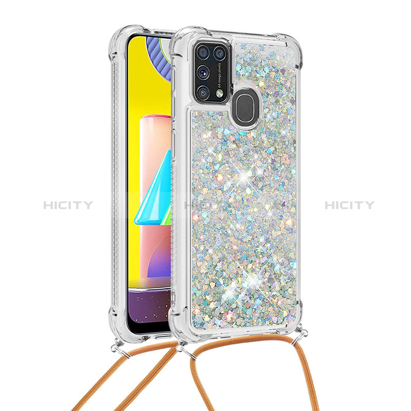 Coque Silicone Housse Etui Gel Bling-Bling avec Laniere Strap S03 pour Samsung Galaxy M21s Argent Plus