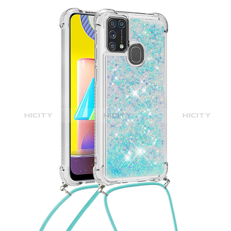 Coque Silicone Housse Etui Gel Bling-Bling avec Laniere Strap S03 pour Samsung Galaxy M21s Bleu Ciel Plus