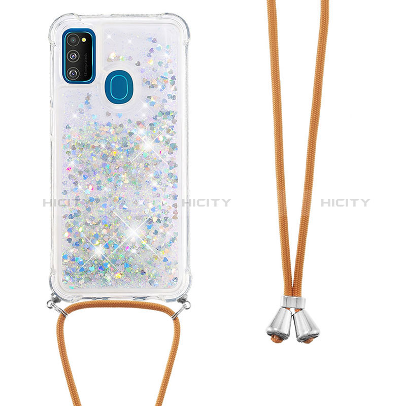 Coque Silicone Housse Etui Gel Bling-Bling avec Laniere Strap S03 pour Samsung Galaxy M30s Argent Plus