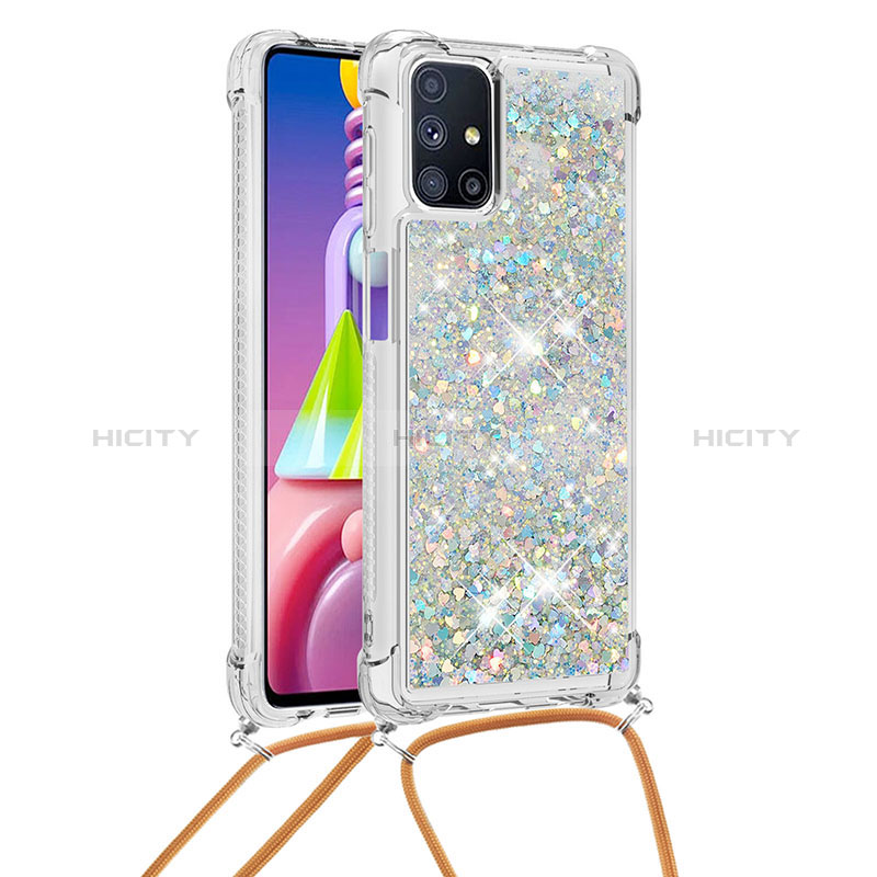 Coque Silicone Housse Etui Gel Bling-Bling avec Laniere Strap S03 pour Samsung Galaxy M51 Argent Plus