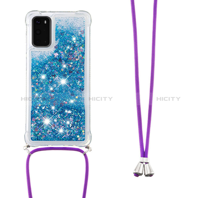 Coque Silicone Housse Etui Gel Bling-Bling avec Laniere Strap S03 pour Samsung Galaxy S20 5G Bleu Plus