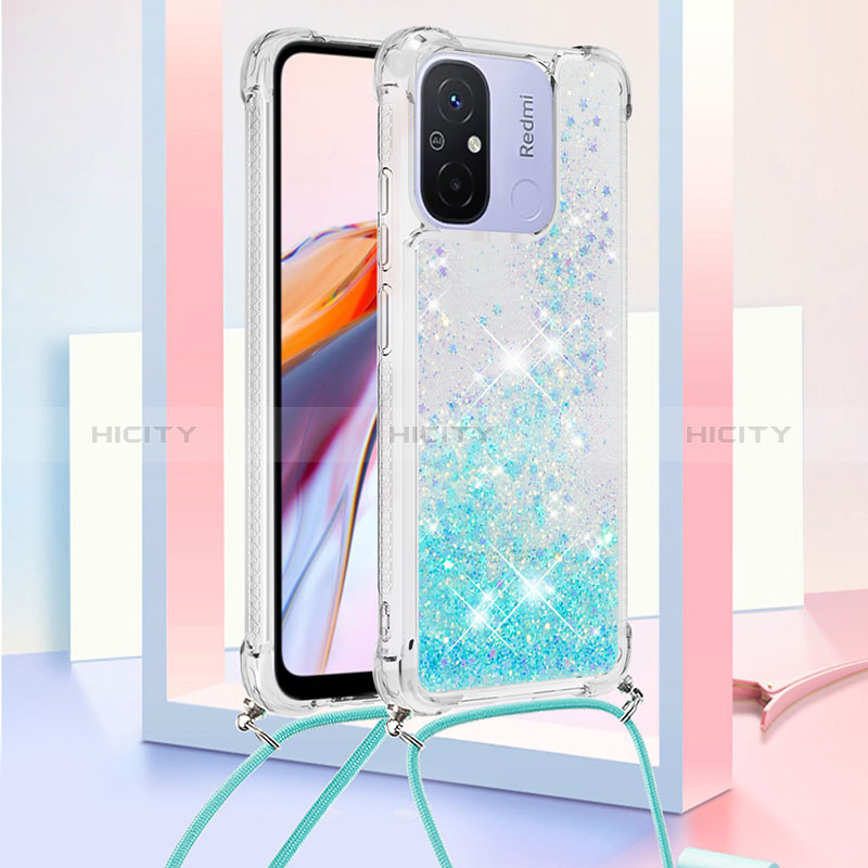 Coque Silicone Housse Etui Gel Bling-Bling avec Laniere Strap S03 pour Xiaomi Poco C55 Bleu Clair Plus