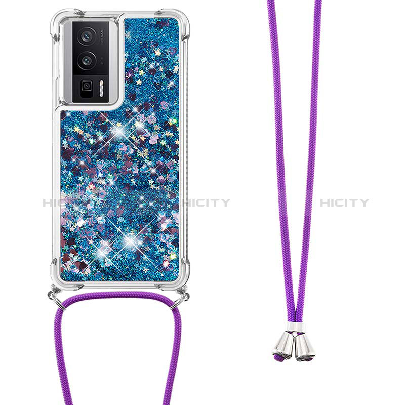 Coque Silicone Housse Etui Gel Bling-Bling avec Laniere Strap S03 pour Xiaomi Poco F5 Pro 5G Bleu Plus