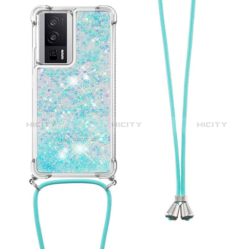 Coque Silicone Housse Etui Gel Bling-Bling avec Laniere Strap S03 pour Xiaomi Poco F5 Pro 5G Bleu Ciel Plus