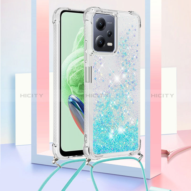 Coque Silicone Housse Etui Gel Bling-Bling avec Laniere Strap S03 pour Xiaomi Poco X5 5G Bleu Ciel Plus