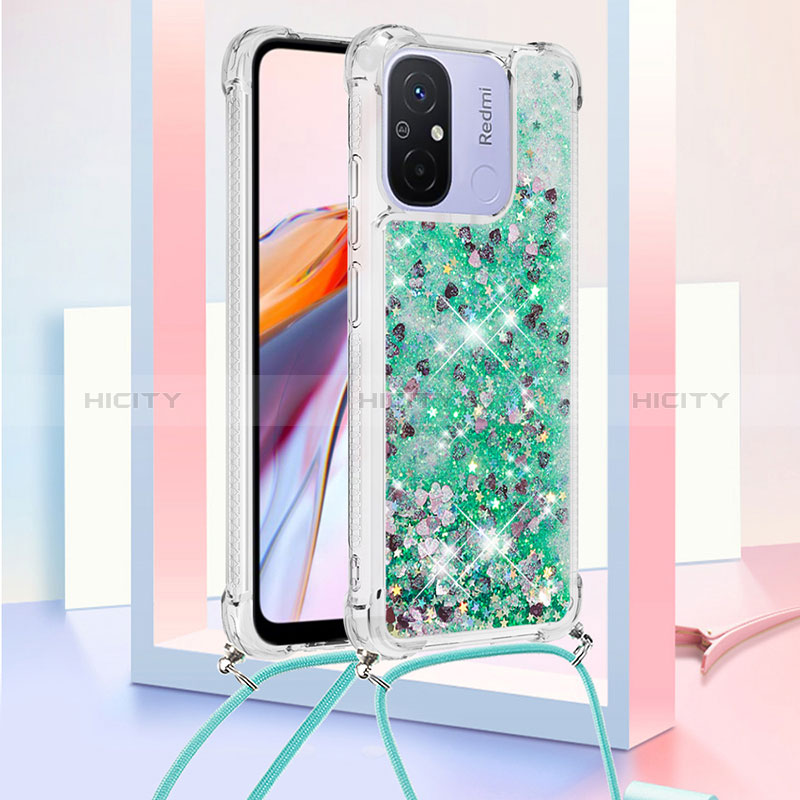 Coque Silicone Housse Etui Gel Bling-Bling avec Laniere Strap S03 pour Xiaomi Redmi 11A 4G Vert Plus