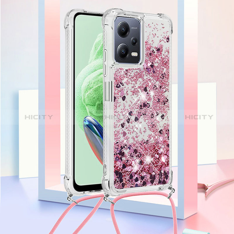 Coque Silicone Housse Etui Gel Bling-Bling avec Laniere Strap S03 pour Xiaomi Redmi Note 12 5G Rouge Plus