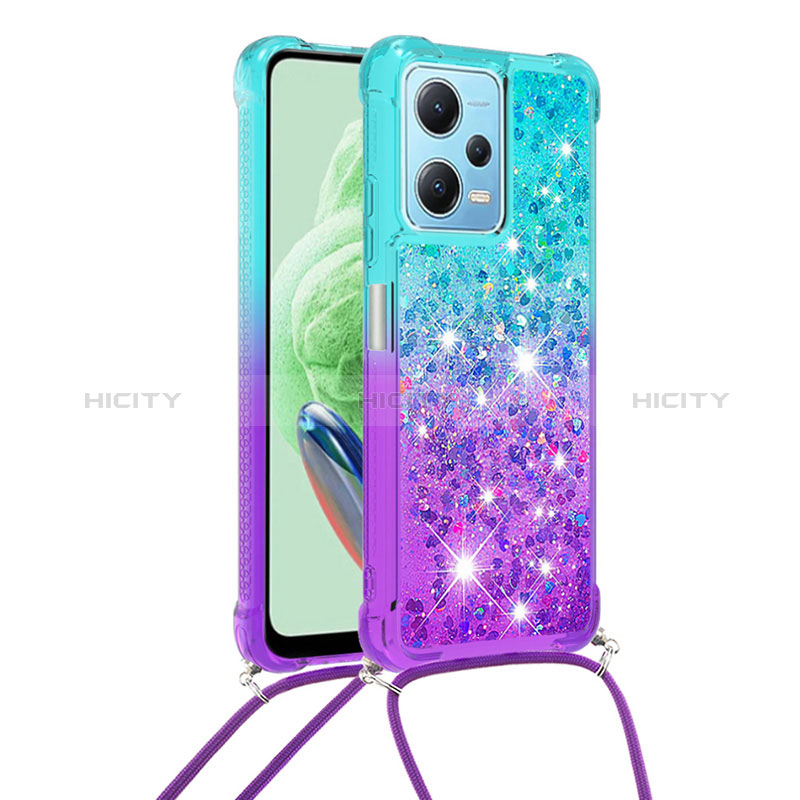 Coque Silicone Housse Etui Gel Bling-Bling avec Laniere Strap YB1 pour Xiaomi Redmi Note 12 5G Bleu Ciel Plus