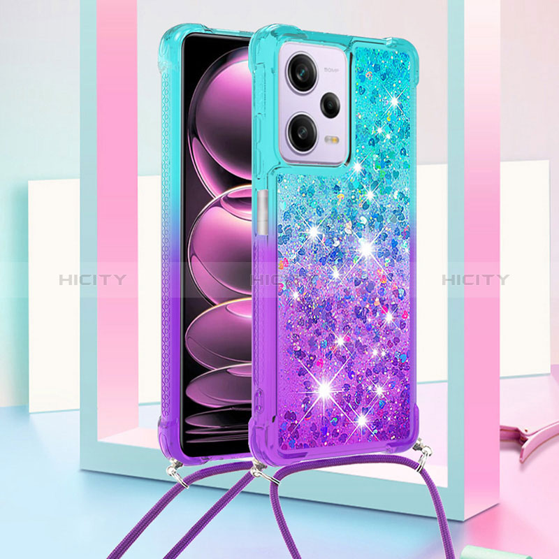 Coque Silicone Housse Etui Gel Bling-Bling avec Laniere Strap YB1 pour Xiaomi Redmi Note 12 Pro 5G Bleu Ciel Plus