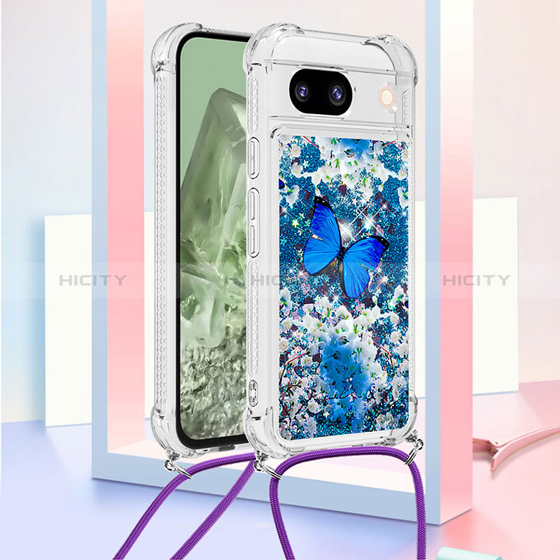 Coque Silicone Housse Etui Gel Bling-Bling avec Laniere Strap YB2 pour Google Pixel 8a 5G Bleu Plus