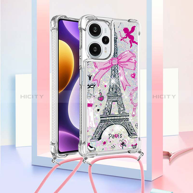 Coque Silicone Housse Etui Gel Bling-Bling avec Laniere Strap YB2 pour Xiaomi Poco F5 5G Or Rose Plus