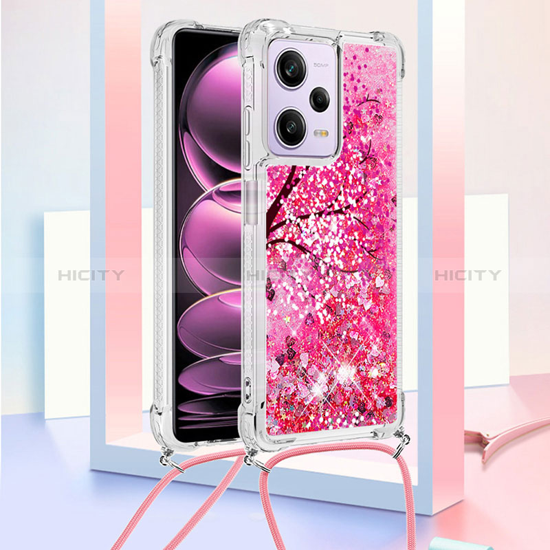 Coque Silicone Housse Etui Gel Bling-Bling avec Laniere Strap YB2 pour Xiaomi Redmi Note 12 Pro 5G Rose Rouge Plus