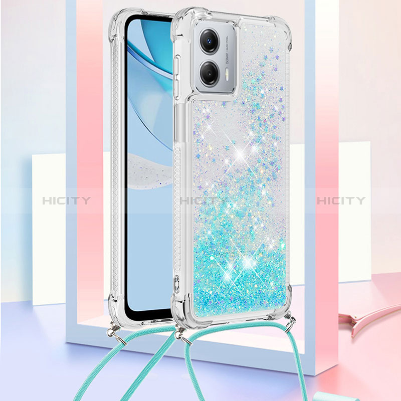 Coque Silicone Housse Etui Gel Bling-Bling avec Laniere Strap YB3 pour Motorola Moto G 5G (2023) Bleu Ciel Plus