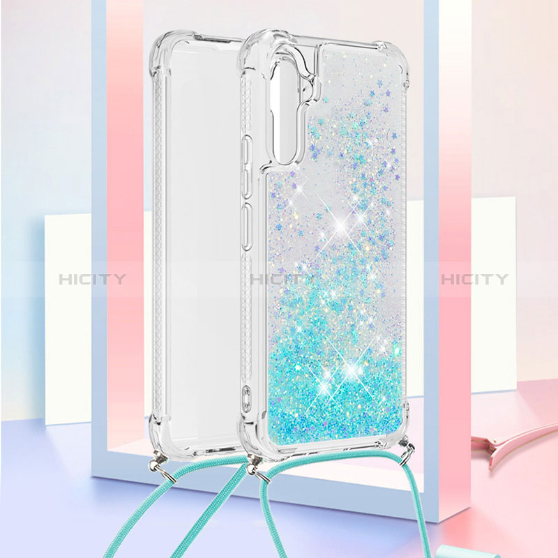 Coque Silicone Housse Etui Gel Bling-Bling avec Laniere Strap YB3 pour Samsung Galaxy A34 5G Bleu Ciel Plus