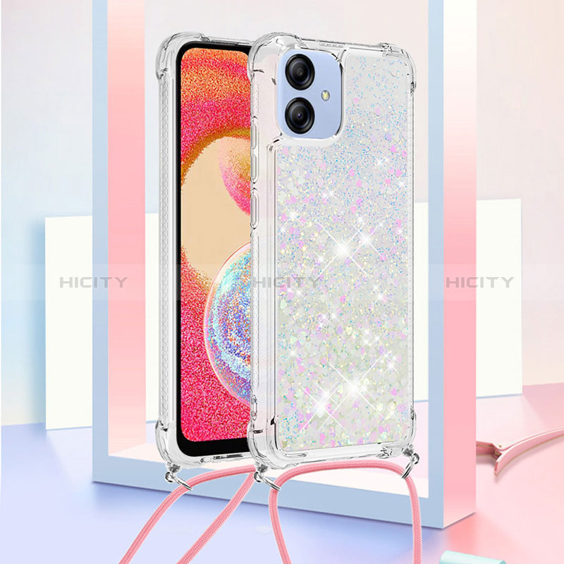 Coque Silicone Housse Etui Gel Bling-Bling avec Laniere Strap YB3 pour Samsung Galaxy M04 Argent Plus