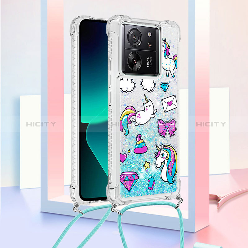 Coque Silicone Housse Etui Gel Bling-Bling avec Laniere Strap YB3 pour Xiaomi Mi 13T 5G Bleu Ciel Plus