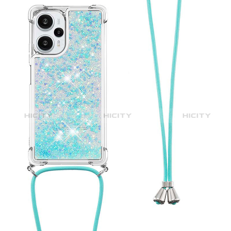 Coque Silicone Housse Etui Gel Bling-Bling avec Laniere Strap YB3 pour Xiaomi Poco F5 5G Bleu Ciel Plus