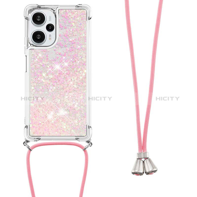 Coque Silicone Housse Etui Gel Bling-Bling avec Laniere Strap YB3 pour Xiaomi Poco F5 5G Or Rose Plus