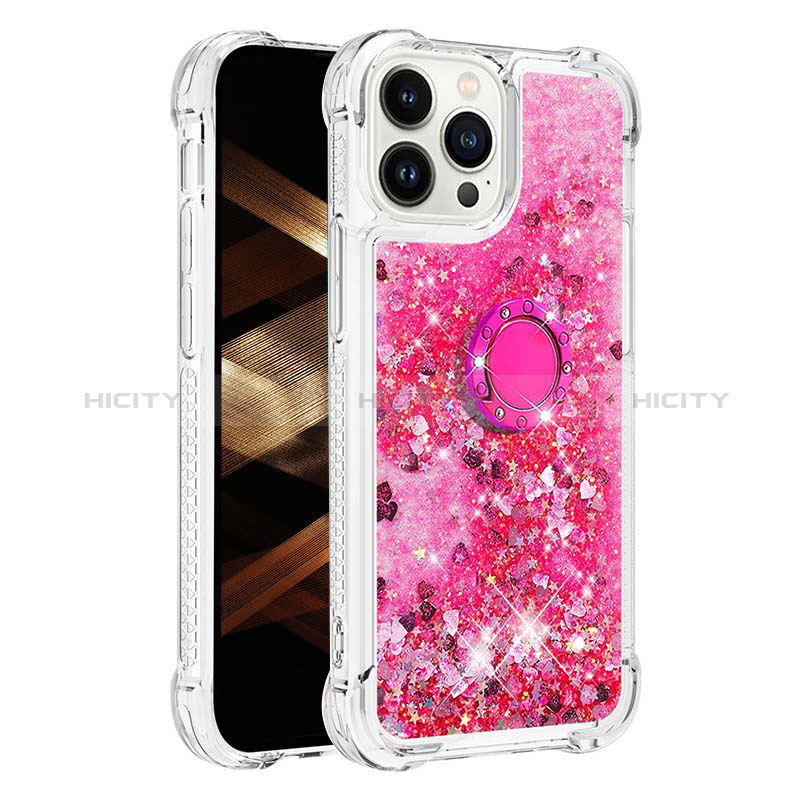 Coque Silicone Housse Etui Gel Bling-Bling avec Support Bague Anneau S01 pour Apple iPhone 13 Pro Max Rose Rouge Plus