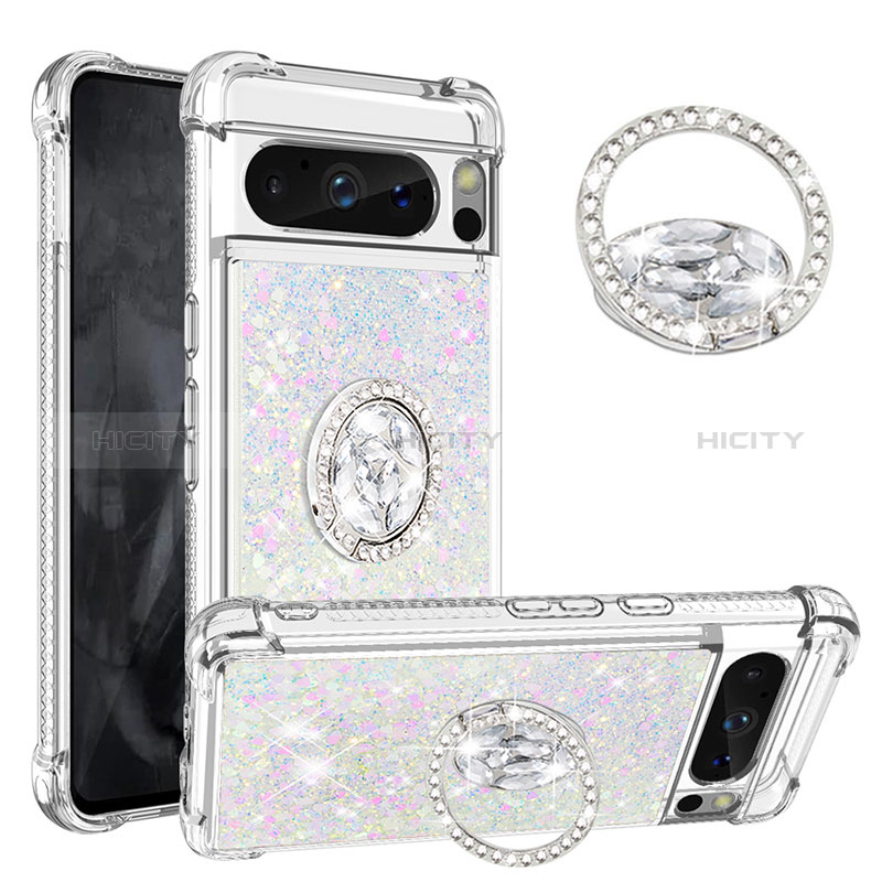 Coque Silicone Housse Etui Gel Bling-Bling avec Support Bague Anneau S01 pour Google Pixel 8 Pro 5G Plus