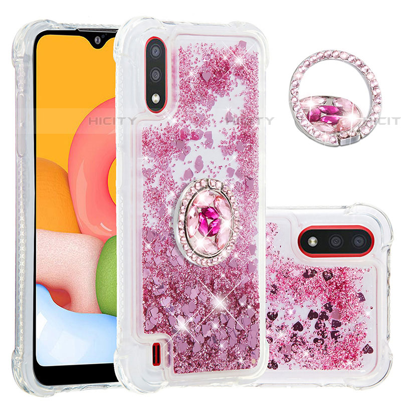 Coque Silicone Housse Etui Gel Bling-Bling avec Support Bague Anneau S01 pour Samsung Galaxy A01 SM-A015 Or Rose Plus