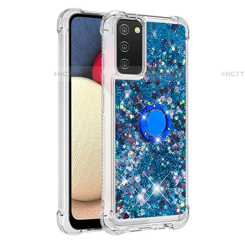 Coque Silicone Housse Etui Gel Bling-Bling avec Support Bague Anneau S01 pour Samsung Galaxy A03s Bleu Plus