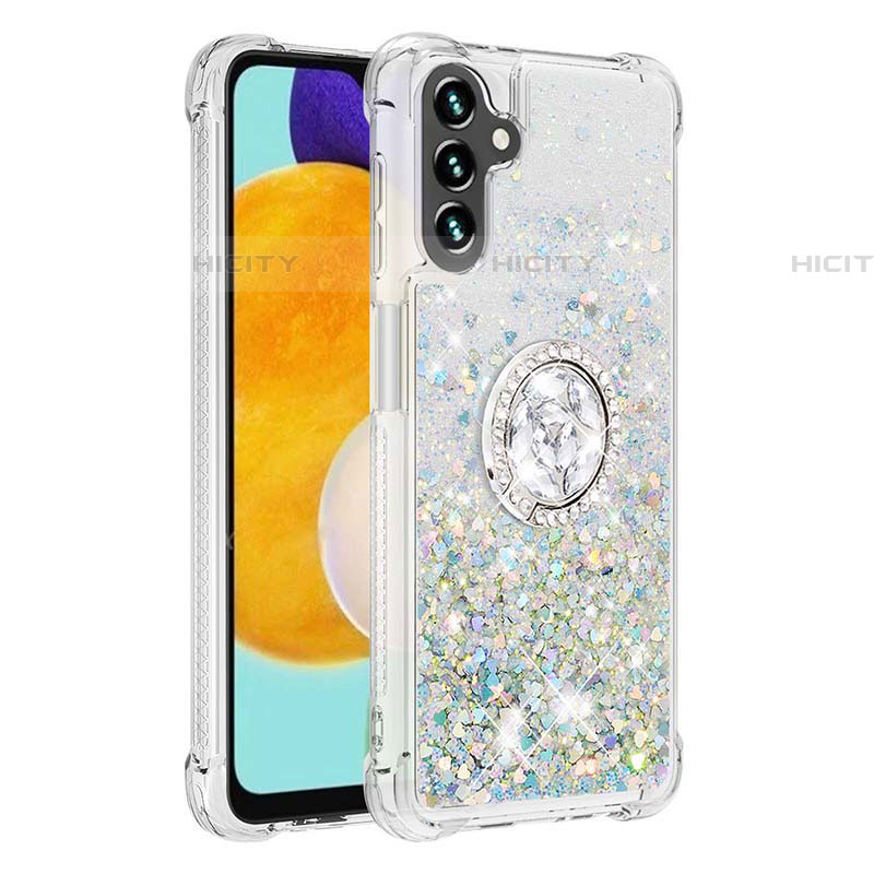 Coque Silicone Housse Etui Gel Bling-Bling avec Support Bague Anneau S01 pour Samsung Galaxy A04s Argent Plus