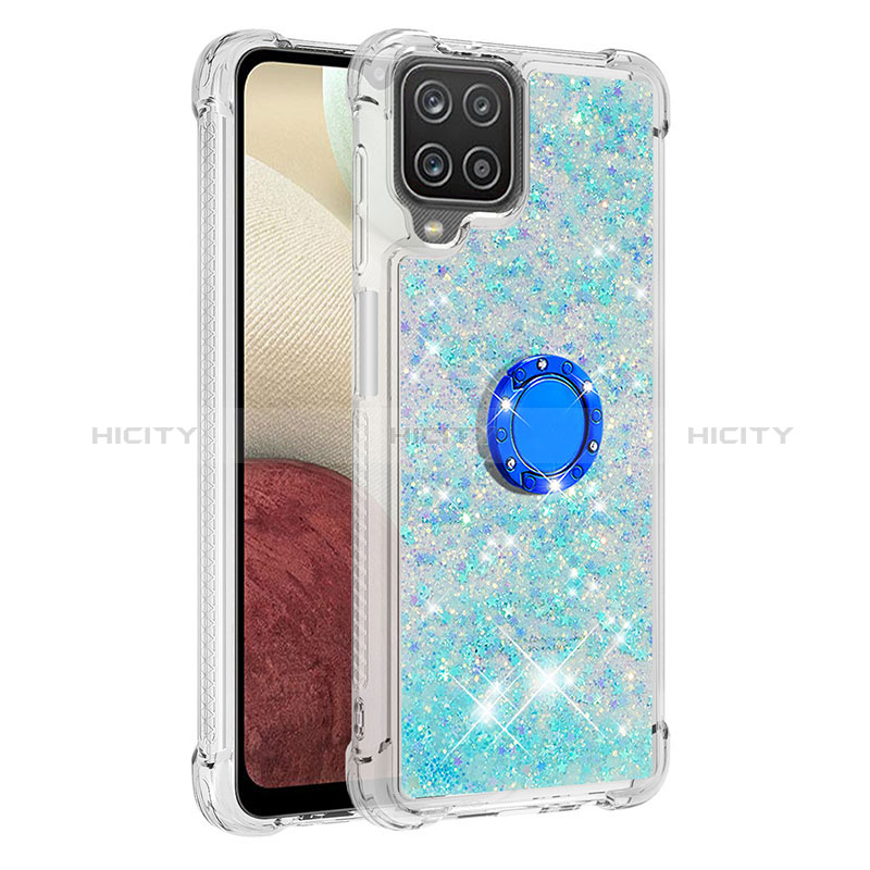 Coque Silicone Housse Etui Gel Bling-Bling avec Support Bague Anneau S01 pour Samsung Galaxy A12 5G Bleu Ciel Plus