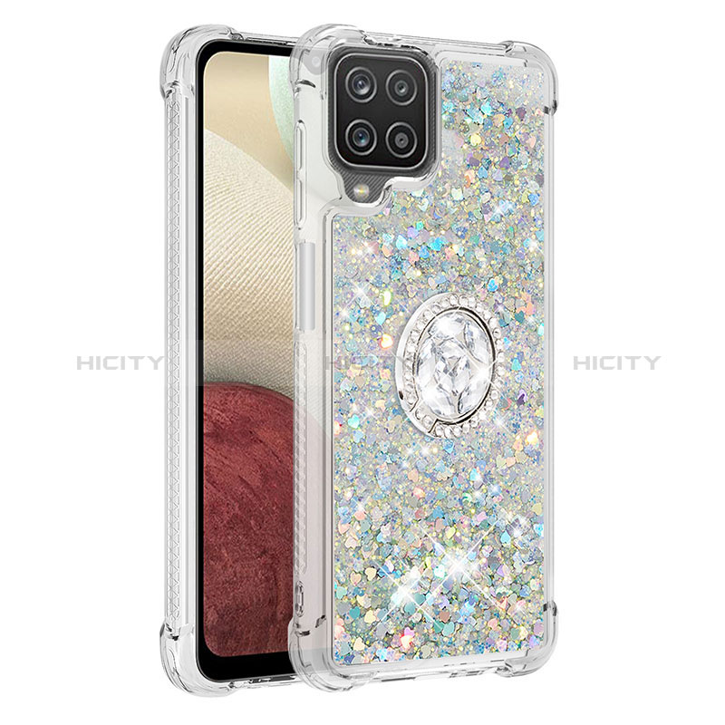 Coque Silicone Housse Etui Gel Bling-Bling avec Support Bague Anneau S01 pour Samsung Galaxy A12 Nacho Argent Plus