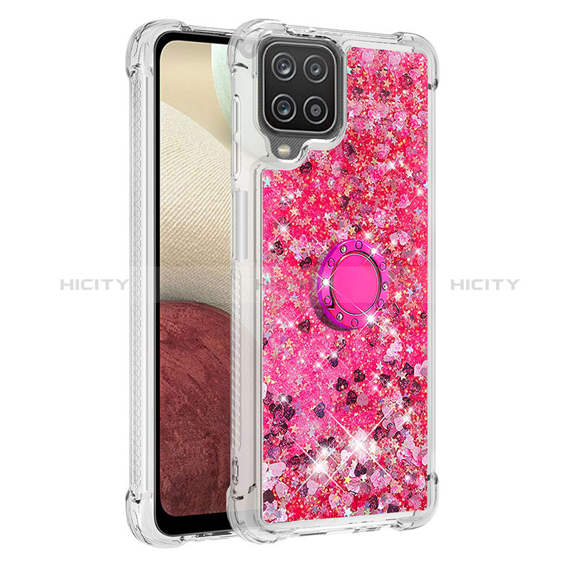 Coque Silicone Housse Etui Gel Bling-Bling avec Support Bague Anneau S01 pour Samsung Galaxy A12 Rose Rouge Plus