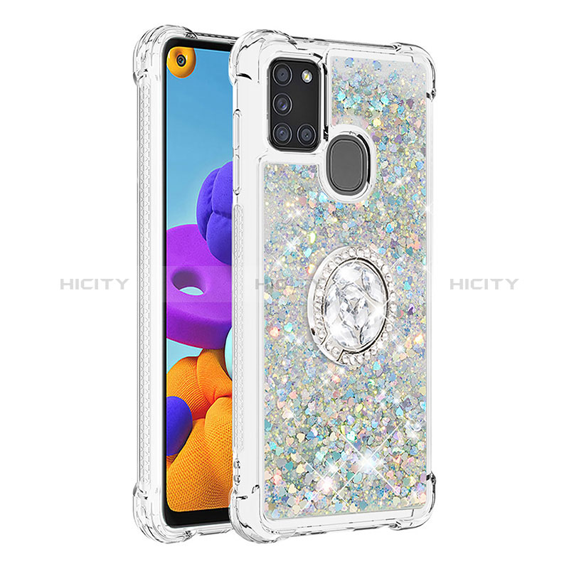 Coque Silicone Housse Etui Gel Bling-Bling avec Support Bague Anneau S01 pour Samsung Galaxy A21s Argent Plus