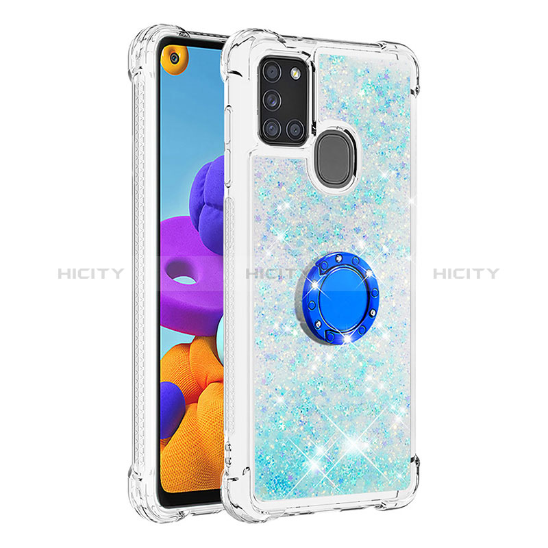 Coque Silicone Housse Etui Gel Bling-Bling avec Support Bague Anneau S01 pour Samsung Galaxy A21s Bleu Ciel Plus