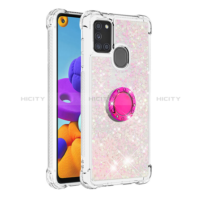 Coque Silicone Housse Etui Gel Bling-Bling avec Support Bague Anneau S01 pour Samsung Galaxy A21s Rose Plus