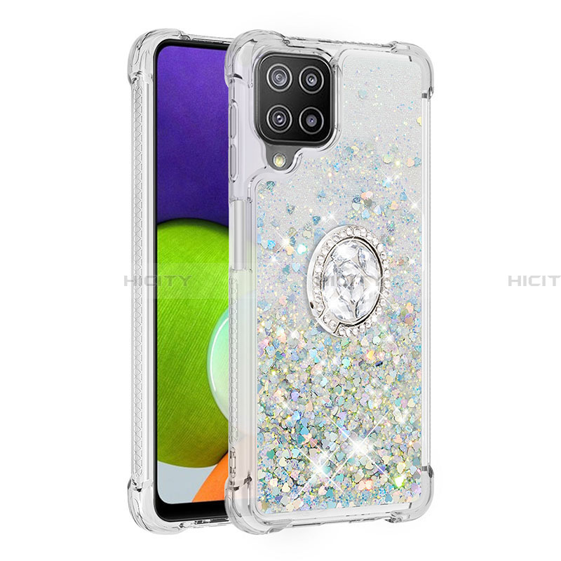 Coque Silicone Housse Etui Gel Bling-Bling avec Support Bague Anneau S01 pour Samsung Galaxy A22 4G Argent Plus